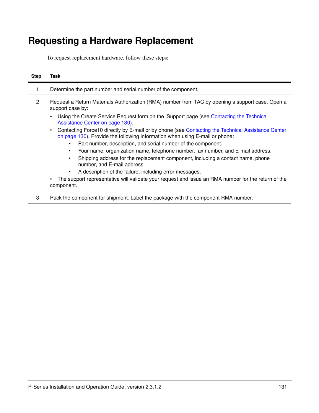 Force10 Networks 100-00055-01 manual Requesting a Hardware Replacement, To request replacement hardware, follow these steps 