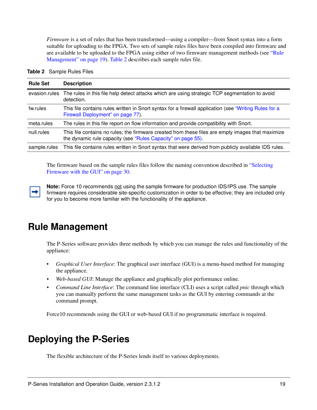 Force10 Networks 100-00055-01 manual Rule Management, Deploying the P-Series, Sample Rules Files, Rule Set Description 