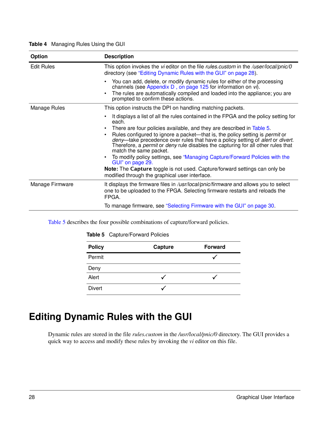 Force10 Networks 100-00055-01 manual Editing Dynamic Rules with the GUI, Option Description, Policy Capture, Permit Deny 