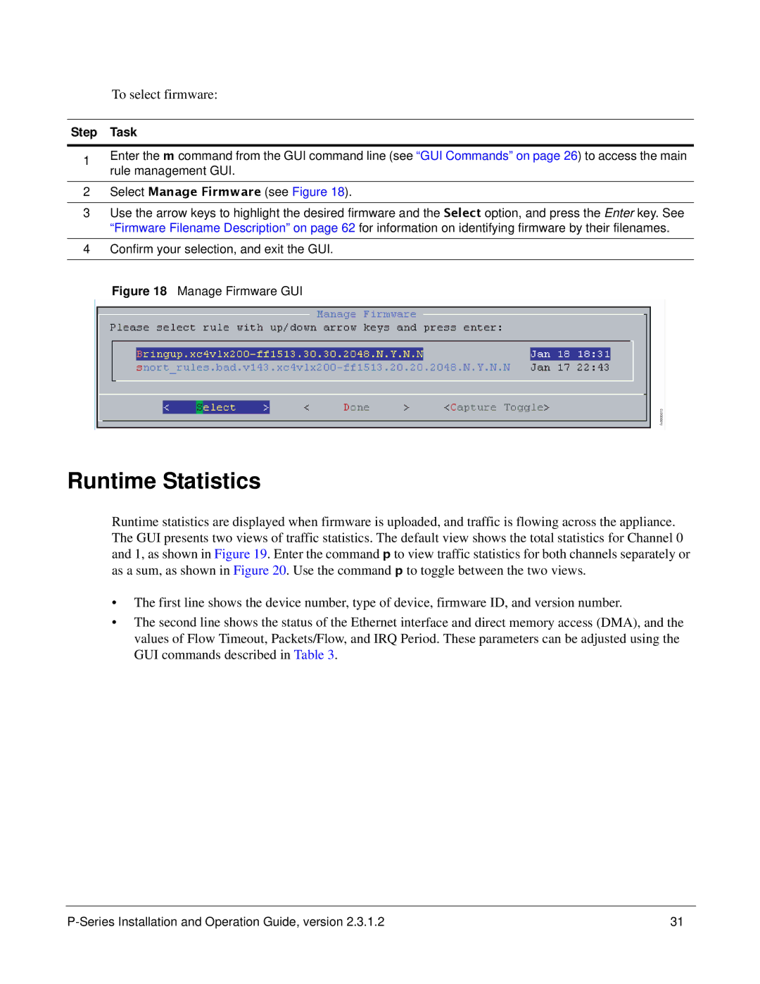 Force10 Networks 100-00055-01 manual Runtime Statistics, To select firmware, Select Manage Firmware see Figure 