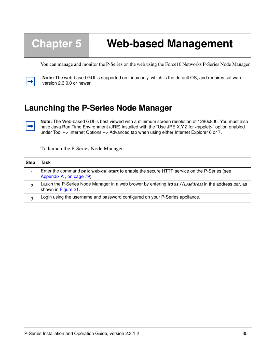 Force10 Networks 100-00055-01 manual Web-based Management, Launching the P-Series Node Manager 