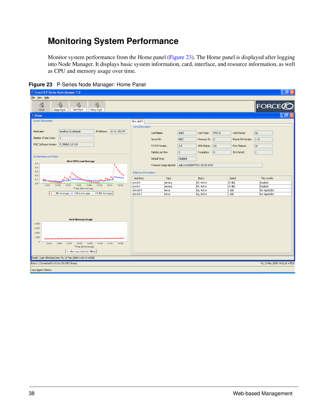 Force10 Networks 100-00055-01 manual Monitoring System Performance, Series Node Manager Home Panel Web-based Management 