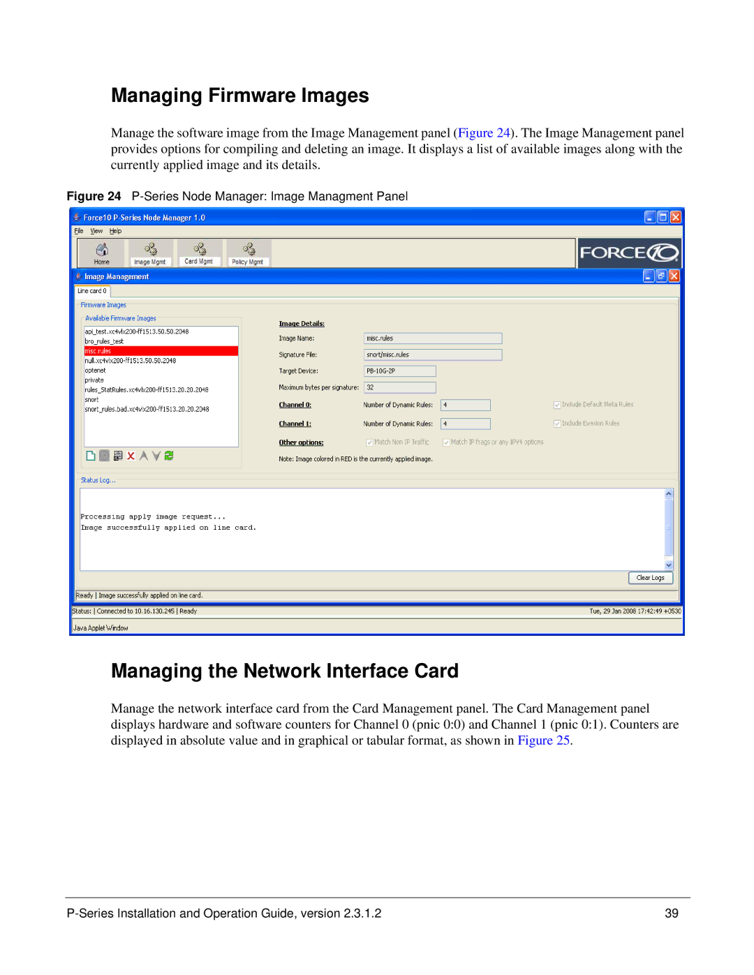 Force10 Networks 100-00055-01 manual Managing Firmware Images, Managing the Network Interface Card 