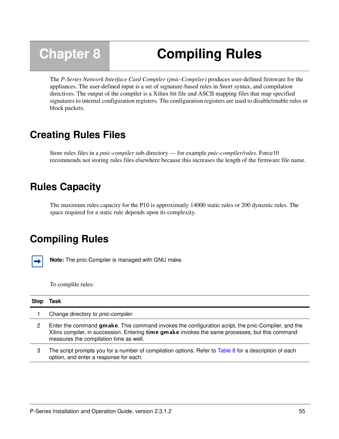 Force10 Networks 100-00055-01 manual Creating Rules Files, Rules Capacity, Compiling Rules, To complile rules 