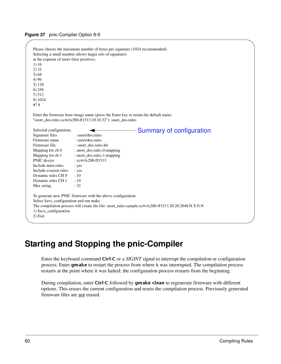 Force10 Networks 100-00055-01 manual Starting and Stopping the pnic-Compiler, Summary of configuration 