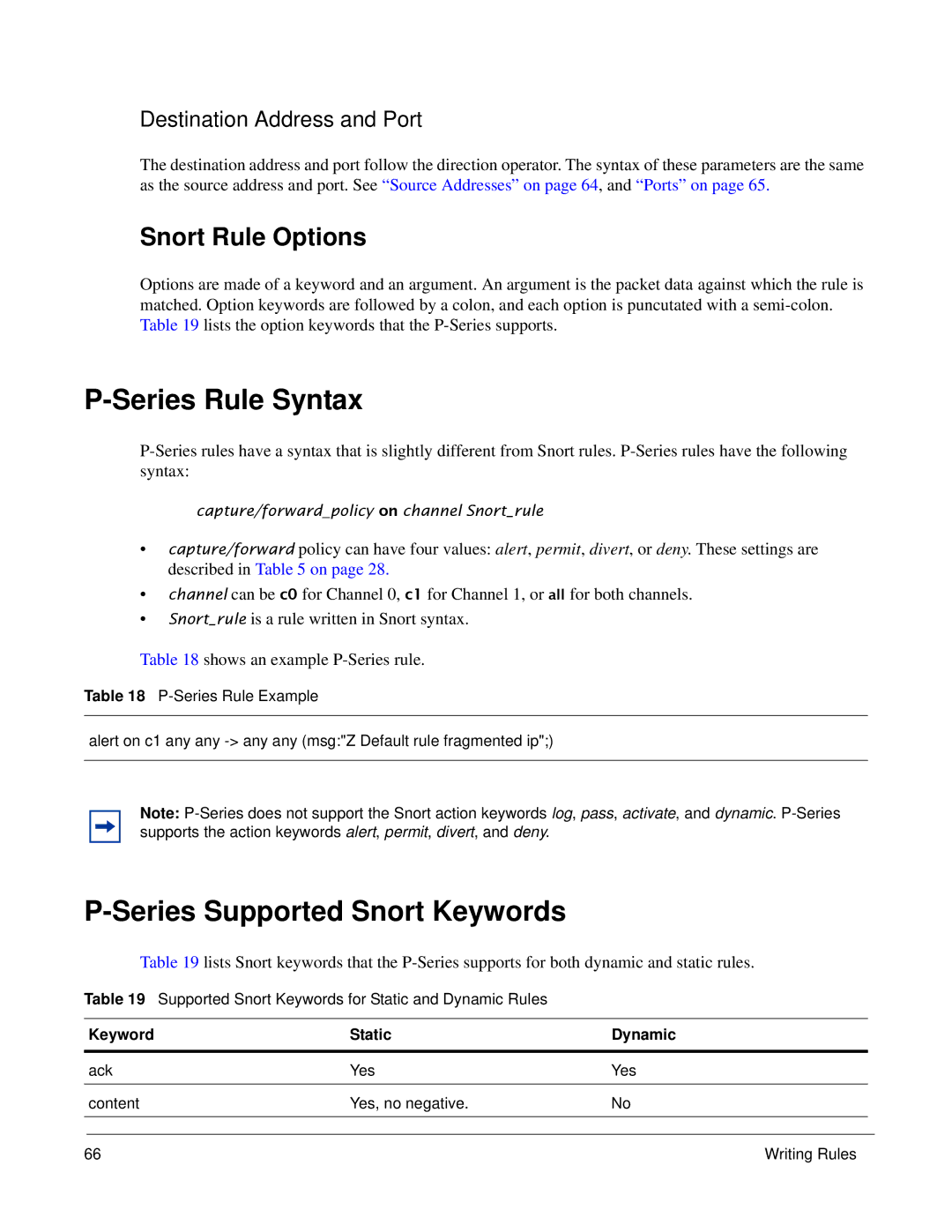 Force10 Networks 100-00055-01 manual Series Rule Syntax, Series Supported Snort Keywords, Snort Rule Options 