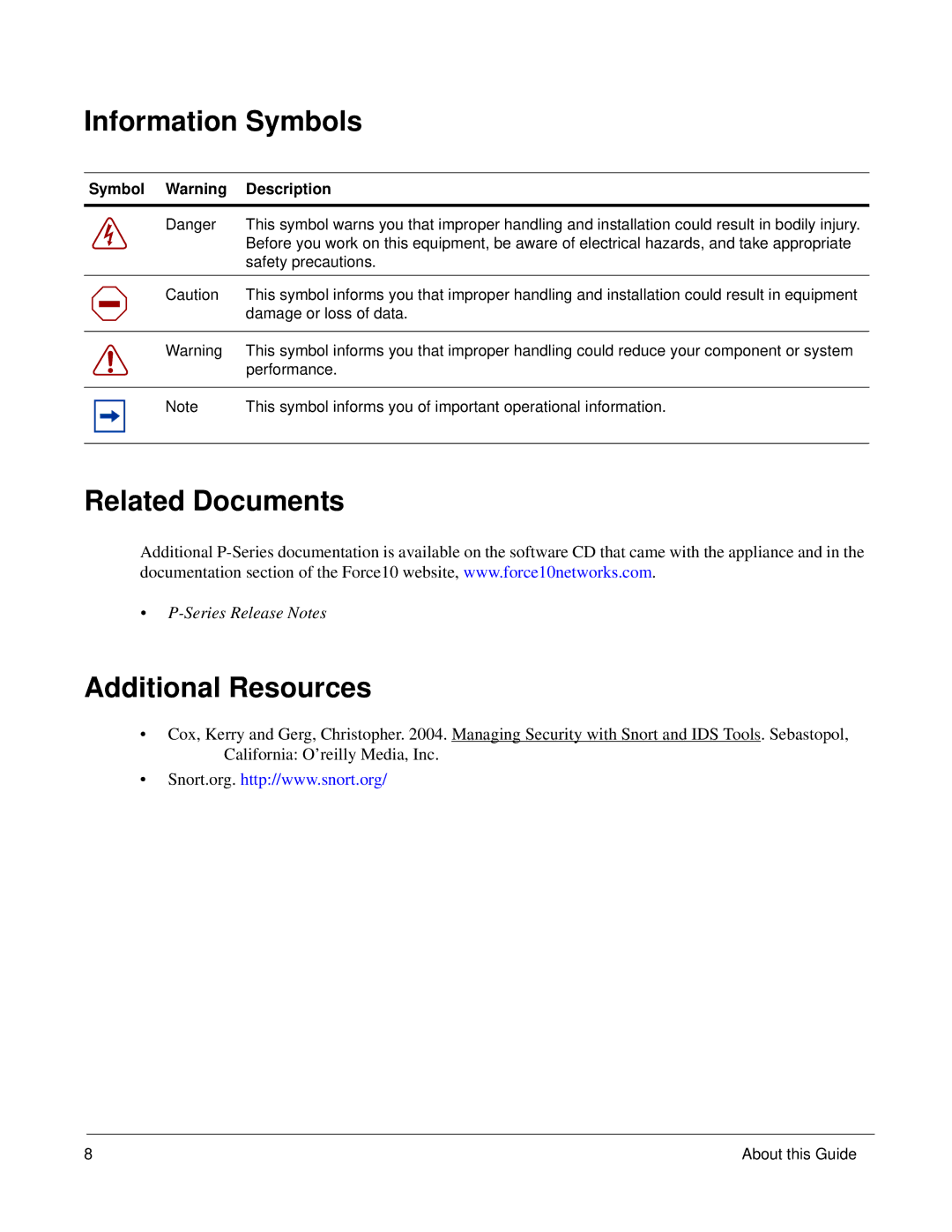 Force10 Networks 100-00055-01 Information Symbols, Related Documents, Additional Resources, Symbol Warning Description 