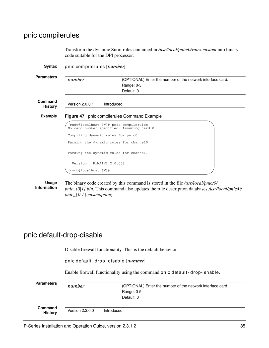 Force10 Networks 100-00055-01 manual Pnic compilerules number, Pnic default-drop-disable number 