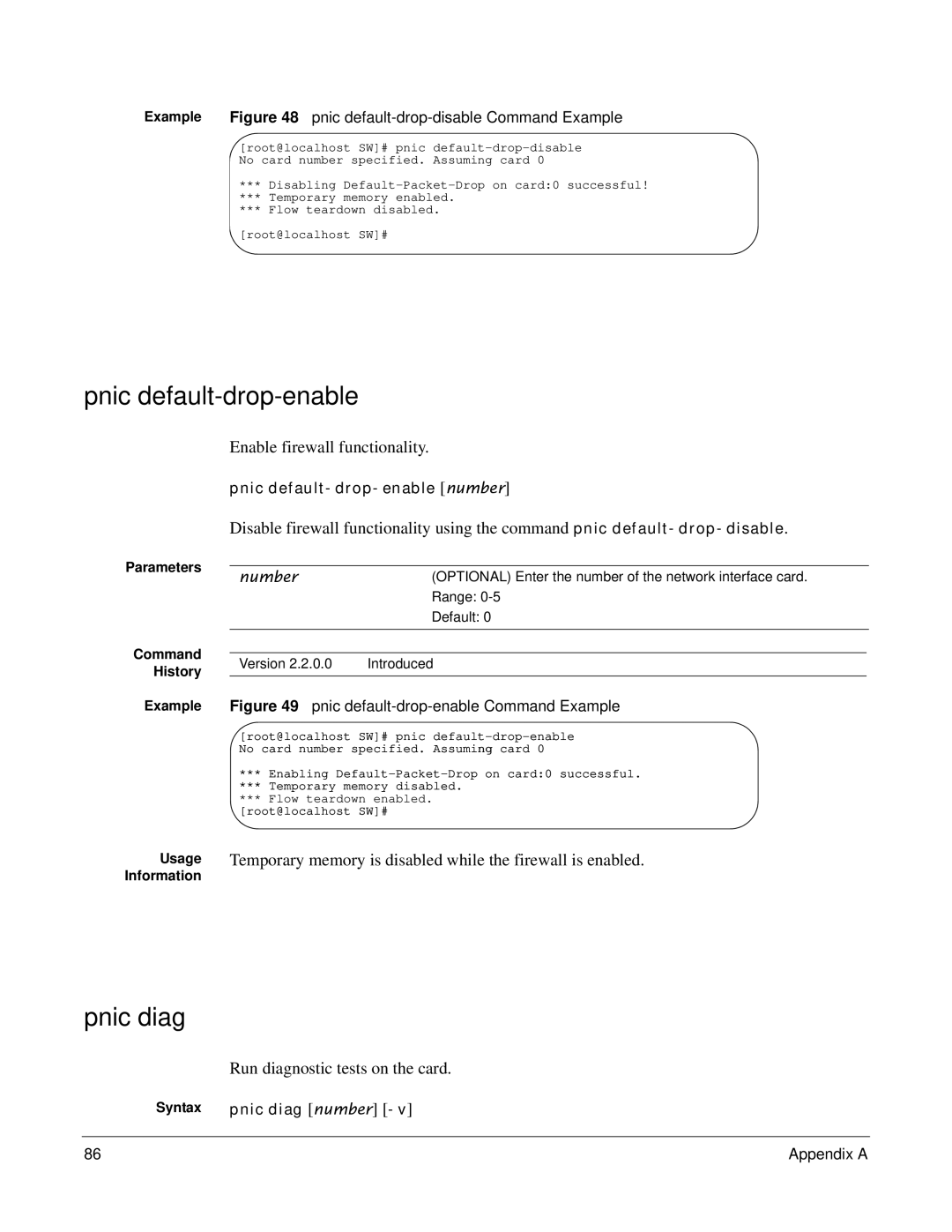 Force10 Networks 100-00055-01 manual Pnic default-drop-enable, Pnic diag, Enable firewall functionality 