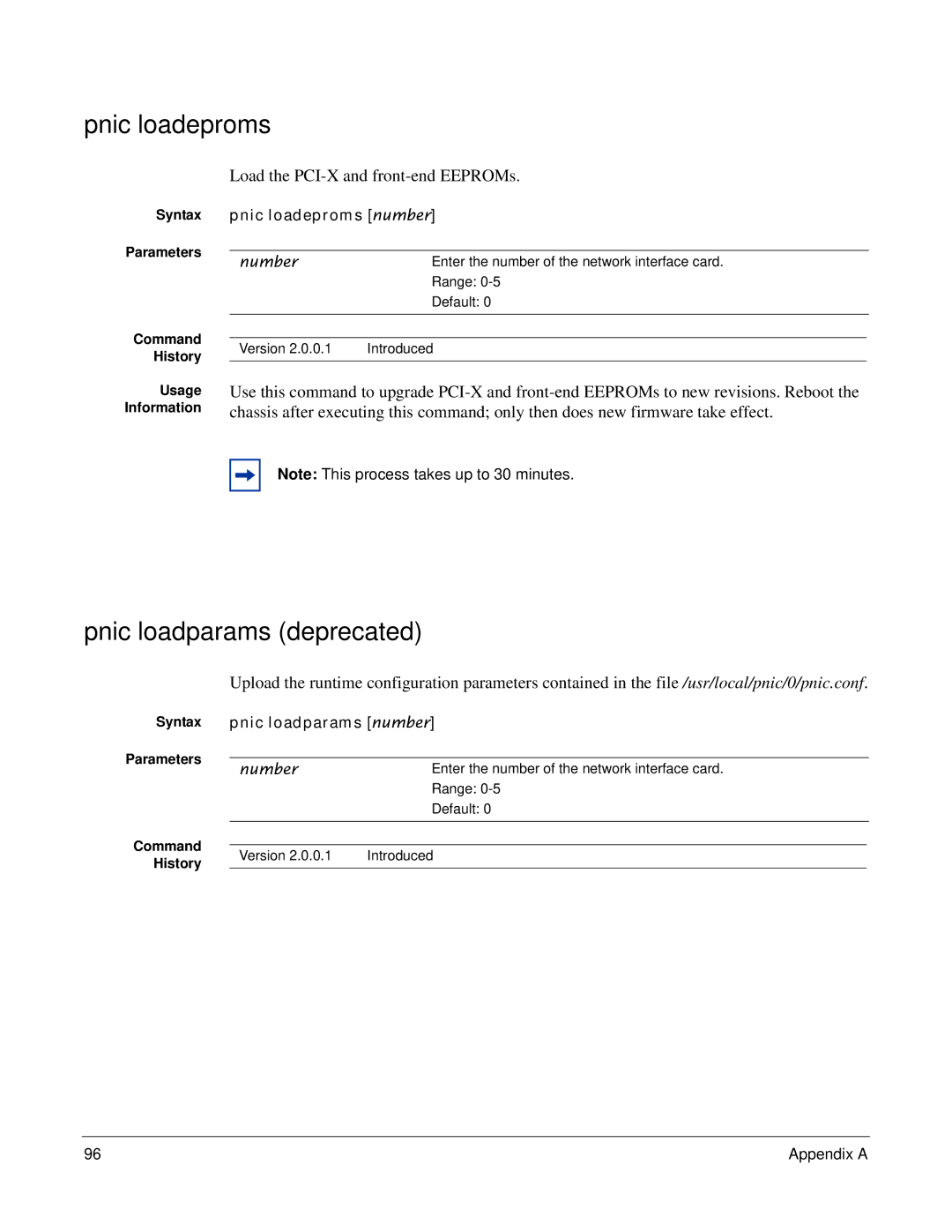 Force10 Networks 100-00055-01 manual Pnic loadeproms, Pnic loadparams deprecated, Load the PCI-X and front-end EEPROMs 