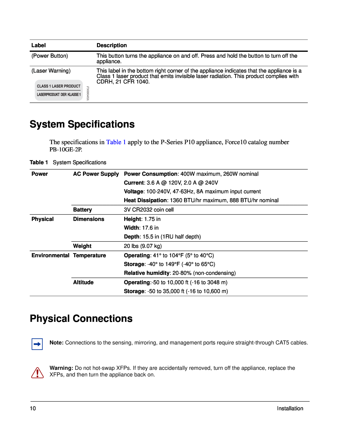 Force10 Networks 100-00055-01 manual System Specifications, Physical Connections, PB-10GE-2P 