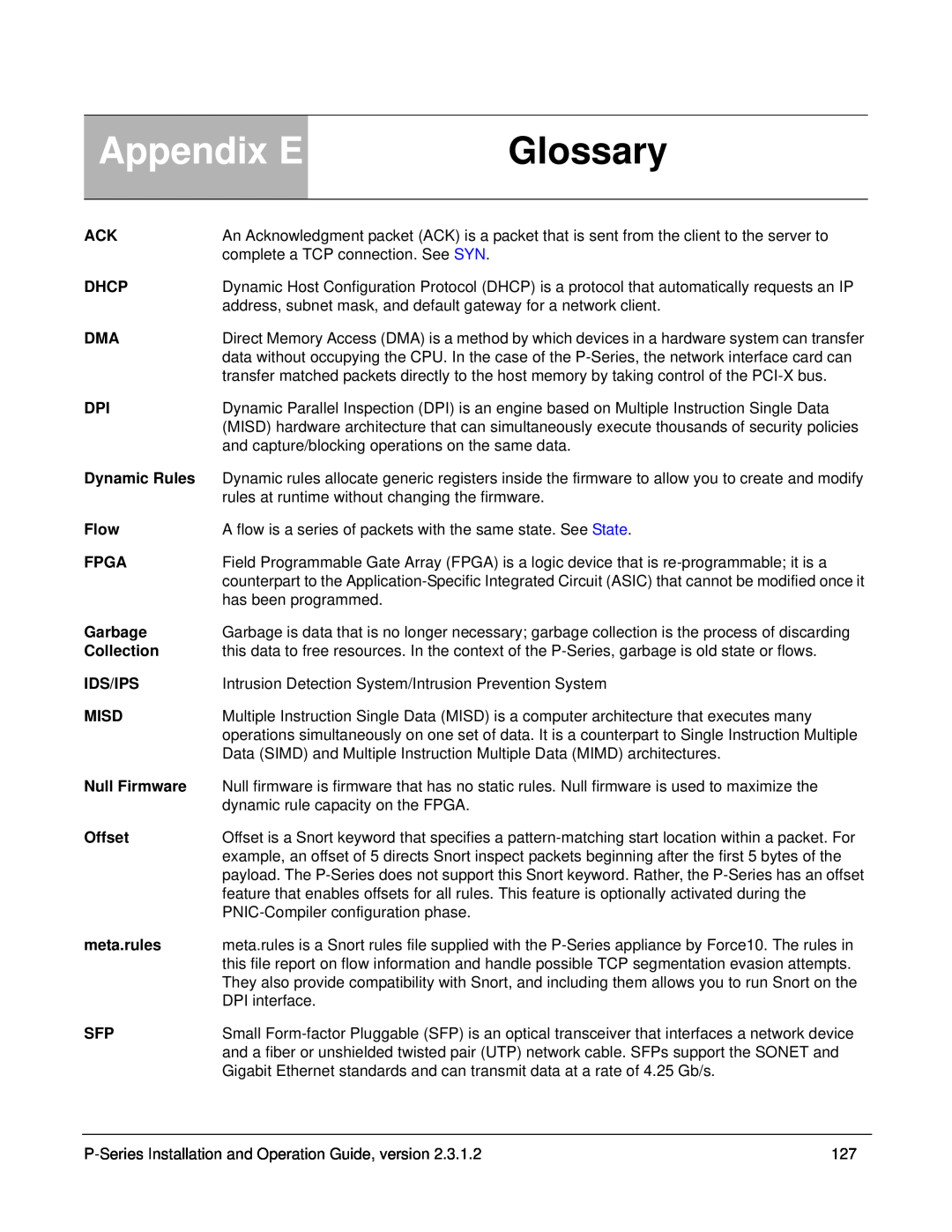 Force10 Networks 100-00055-01 manual Appendix E, Glossary 
