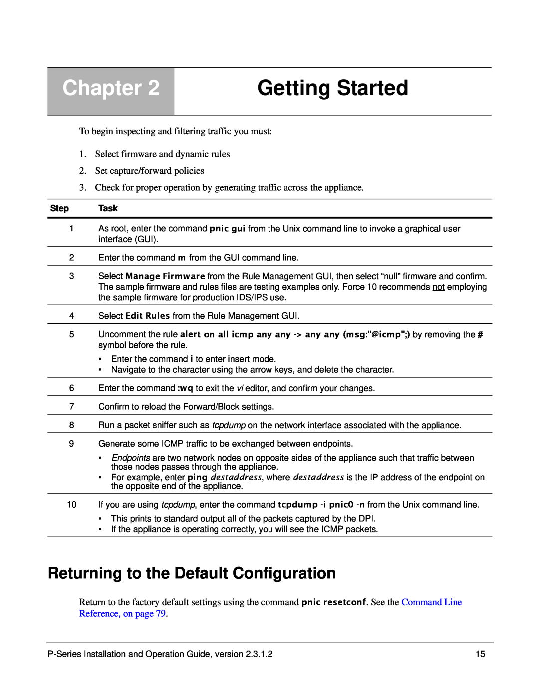 Force10 Networks 100-00055-01 manual Getting Started, Returning to the Default Configuration, Chapter 