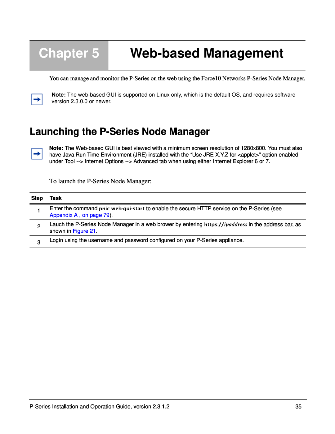 Force10 Networks 100-00055-01 manual Web-based Management, Launching the P-Series Node Manager 
