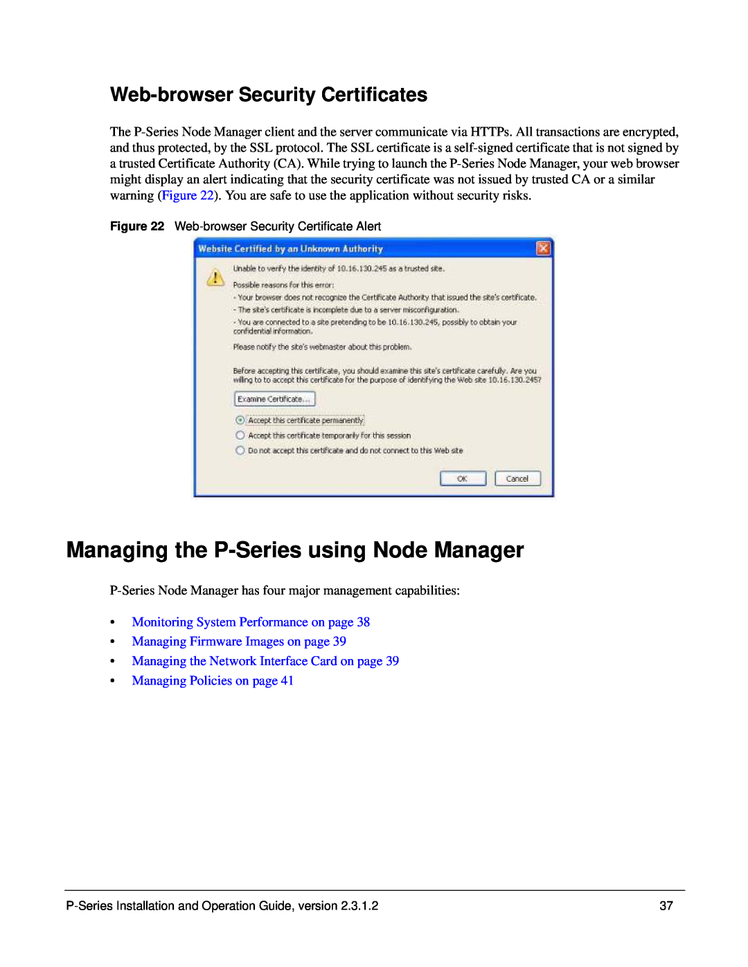 Force10 Networks 100-00055-01 manual Managing the P-Series using Node Manager, Web-browser Security Certificates 