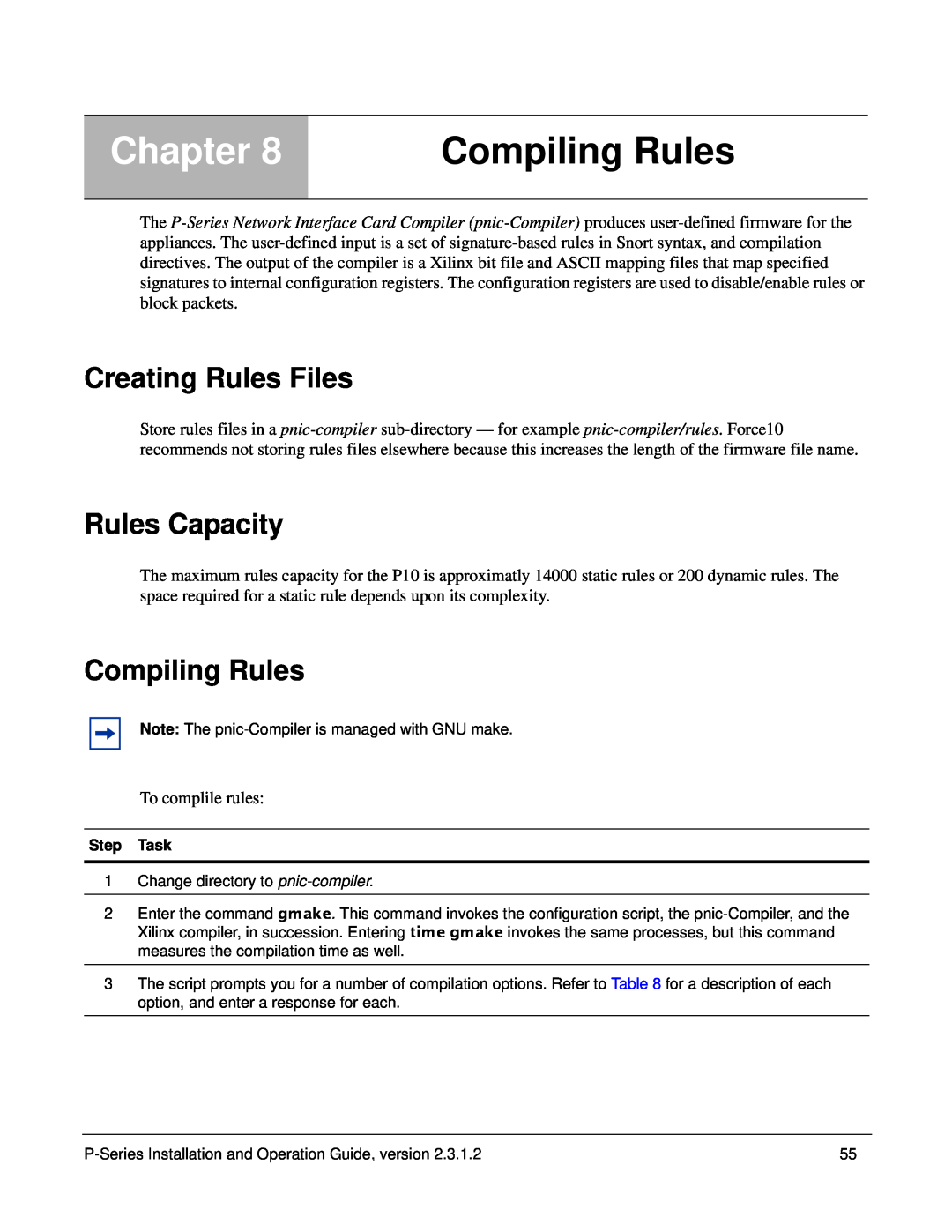 Force10 Networks 100-00055-01 manual Compiling Rules, Creating Rules Files, Rules Capacity, Chapter 