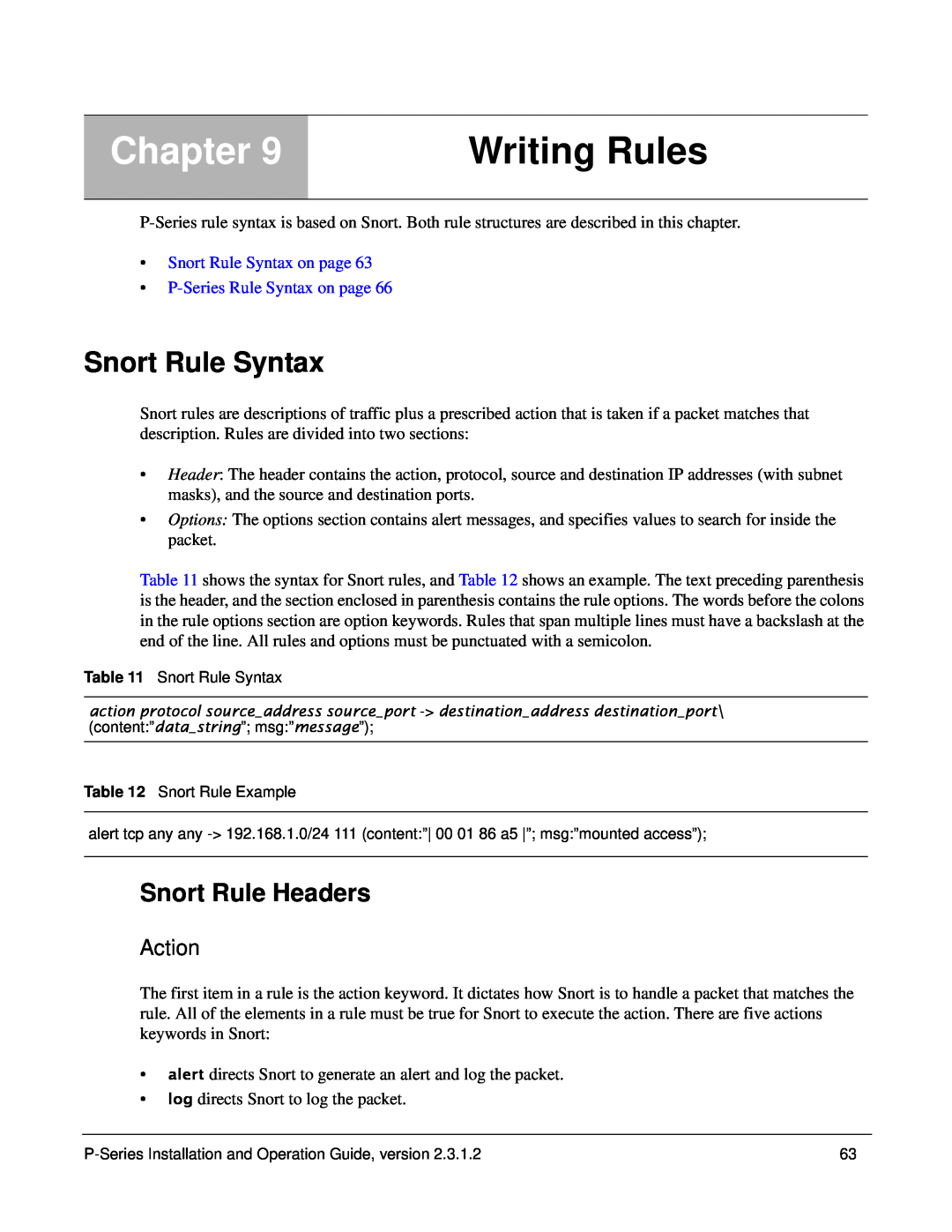 Force10 Networks 100-00055-01 manual Writing Rules, Snort Rule Syntax, Snort Rule Headers, Action, Chapter 
