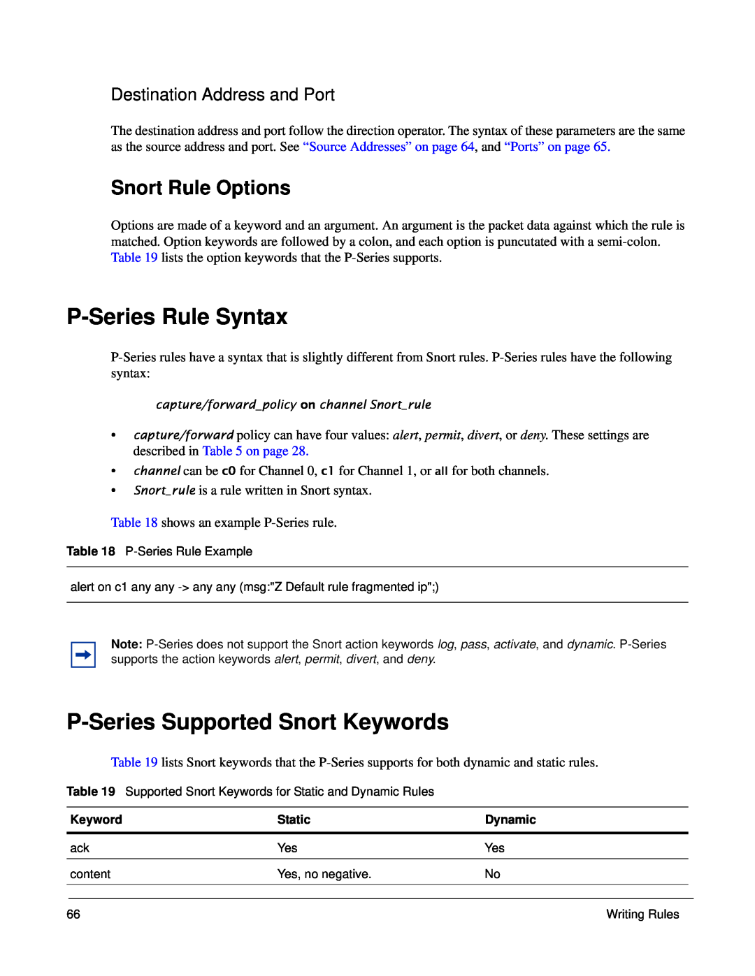 Force10 Networks 100-00055-01 manual P-Series Rule Syntax, P-Series Supported Snort Keywords, Snort Rule Options 