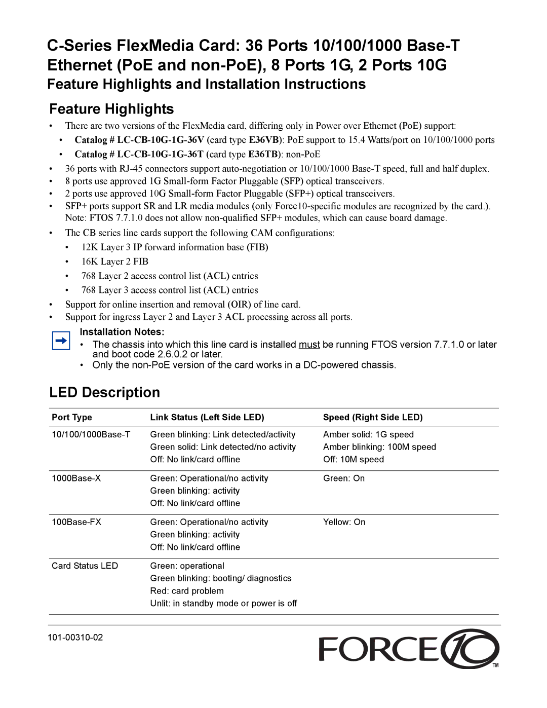 Force10 Networks C-Series installation instructions Feature Highlights and Installation Instructions, LED Description 