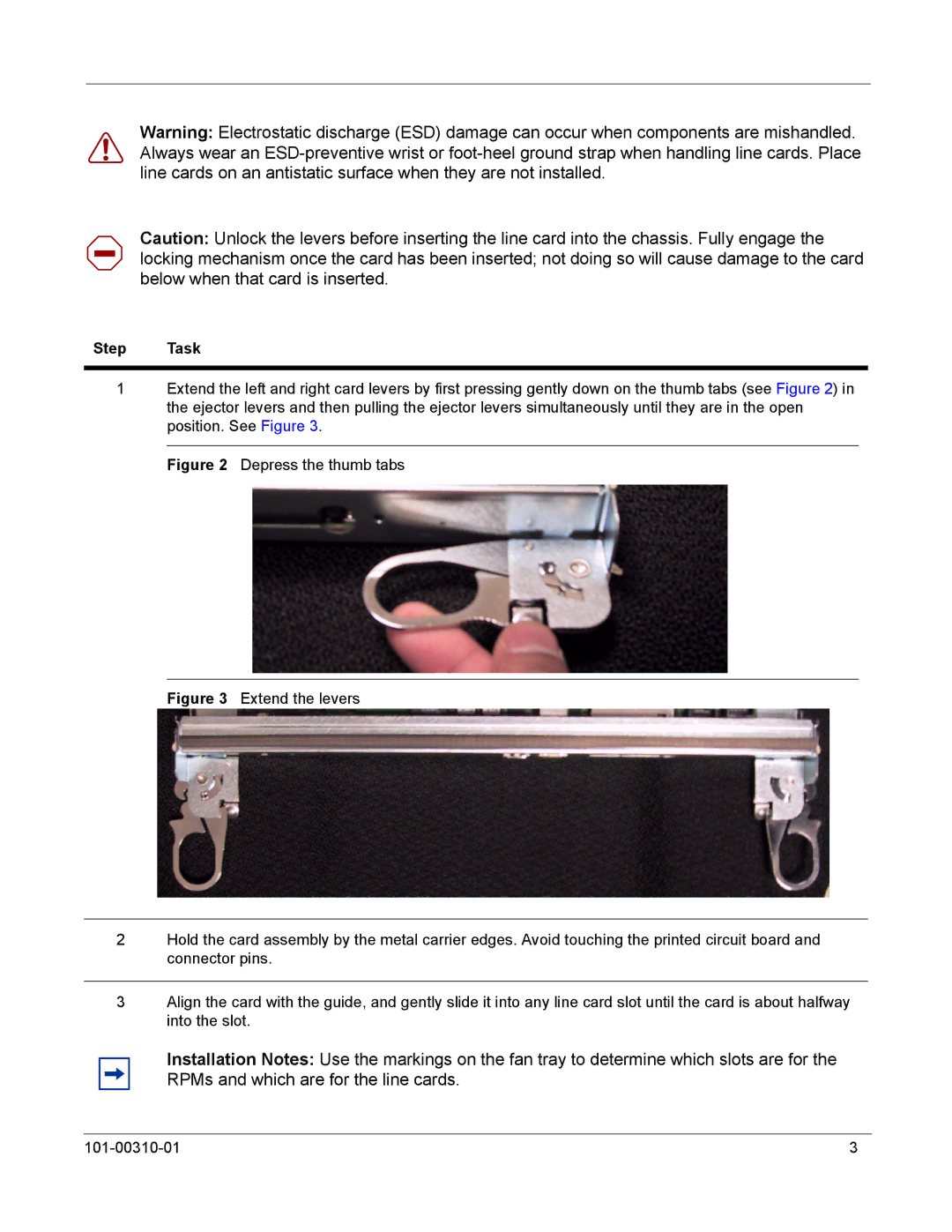 Force10 Networks C-Series installation instructions Step Task, Depress the thumb tabs 