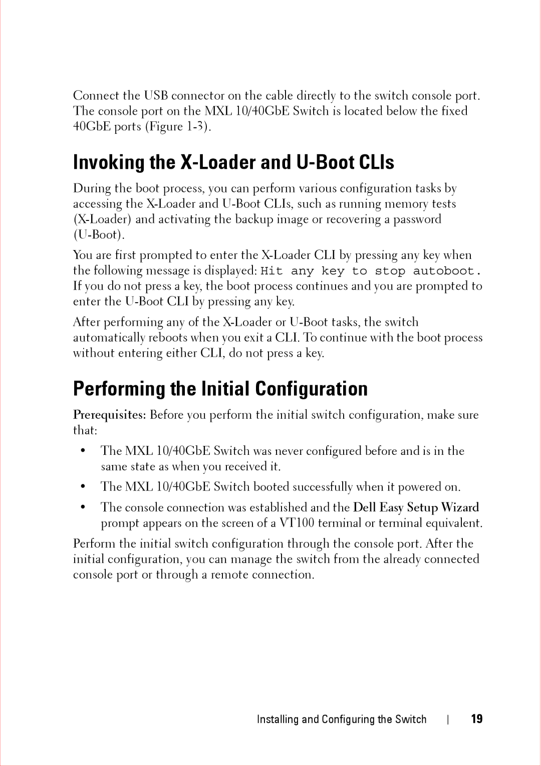 Force10 Networks CC-C-BLNK-LC manual Invoking the X-Loader and U-Boot CLIs, Performing the Initial Configuration 