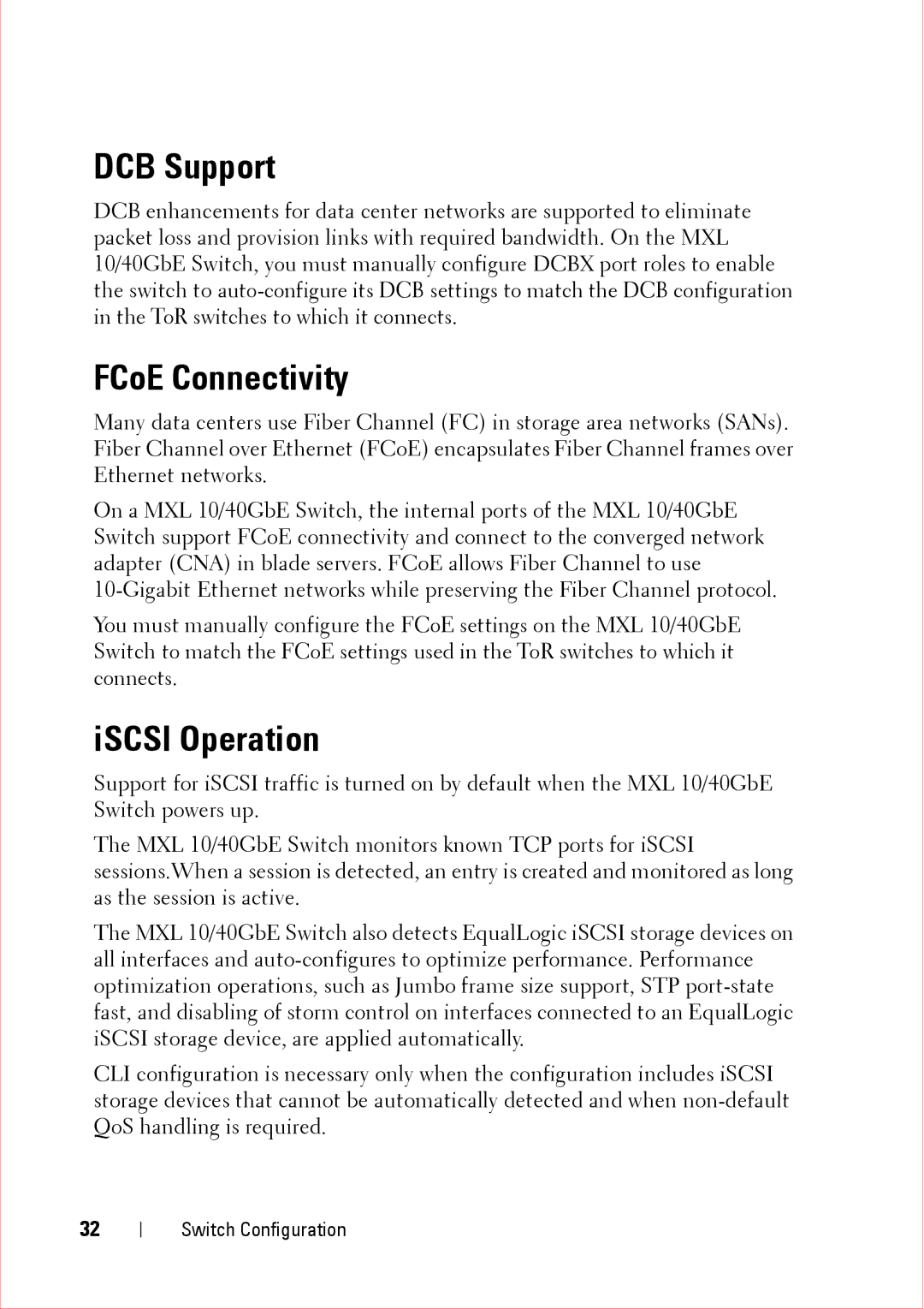 Force10 Networks CC-C-BLNK-LC manual DCB Support, FCoE Connectivity, ISCSI Operation 