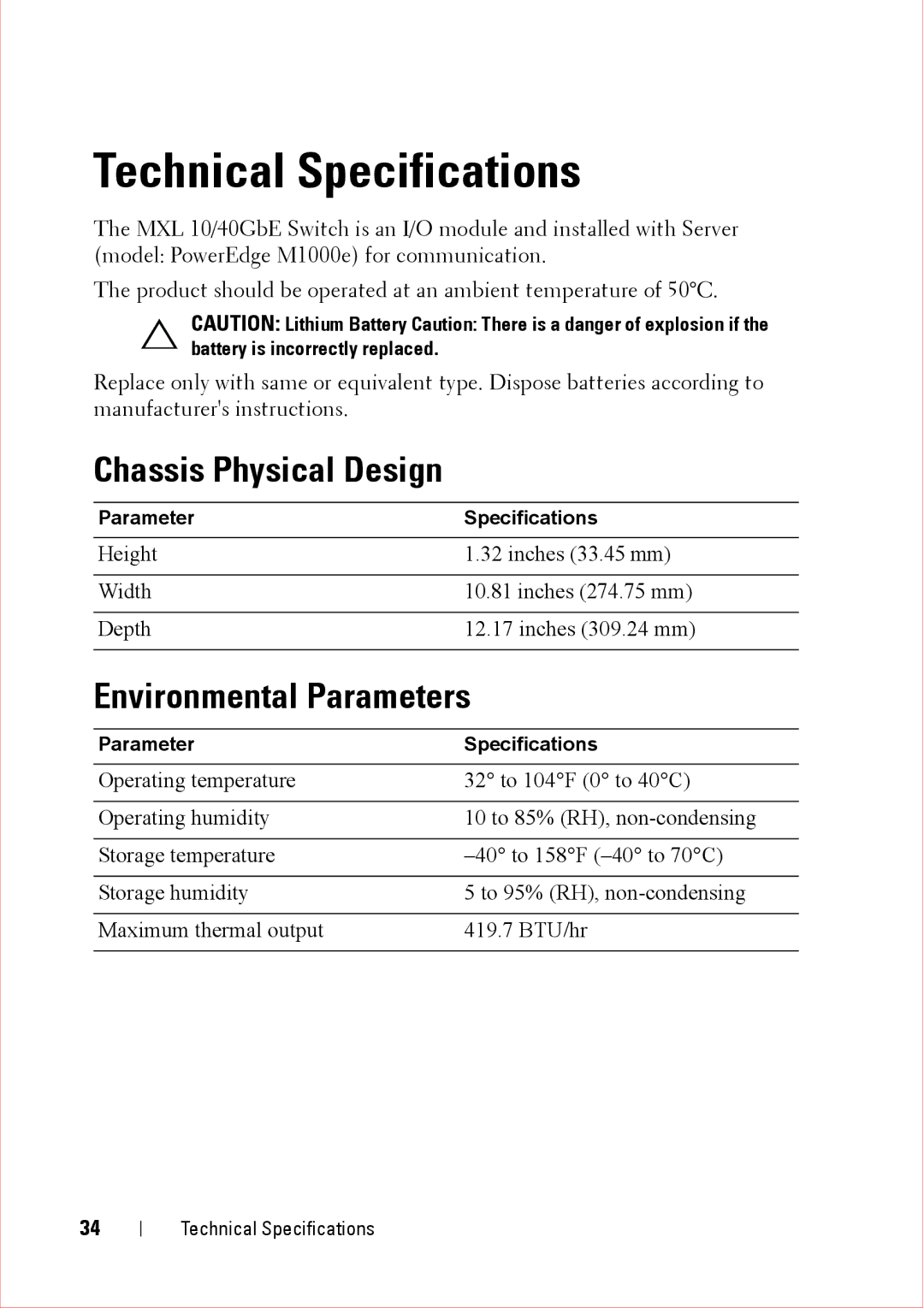 Force10 Networks CC-C-BLNK-LC manual Technical Specifications, Chassis Physical Design, Environmental Parameters 