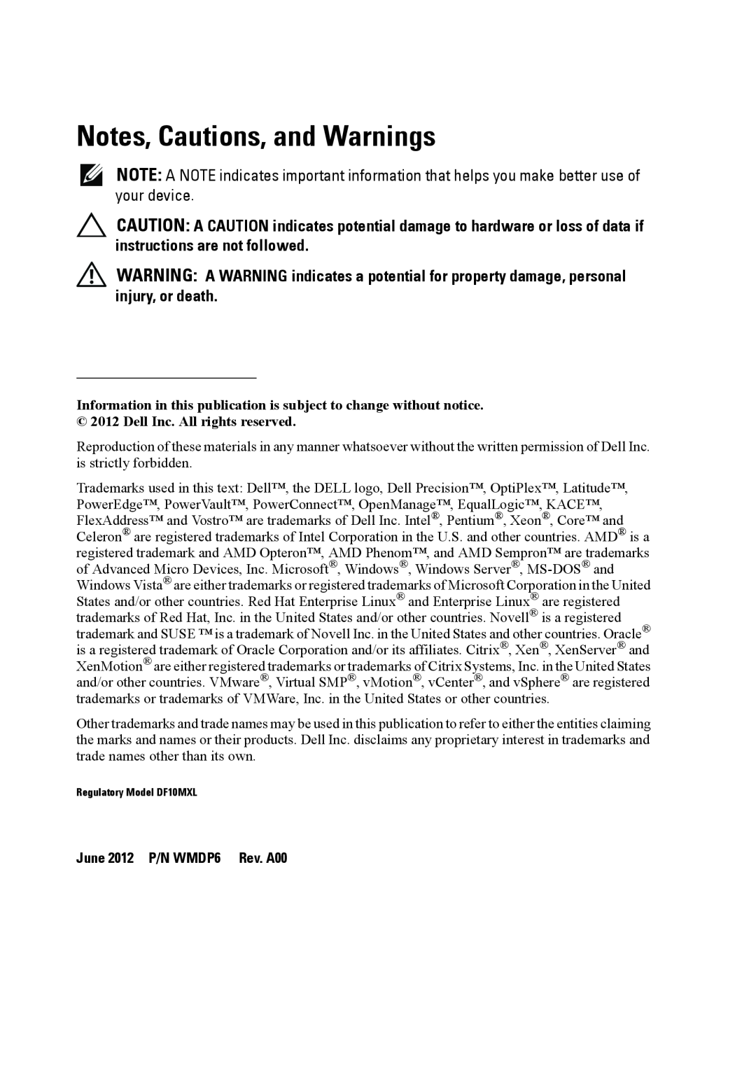 Force10 Networks CC-C-BLNK-LC manual Notes, Cautions, and Warnings, June 2012 P/N WMDP6 Rev. A00 