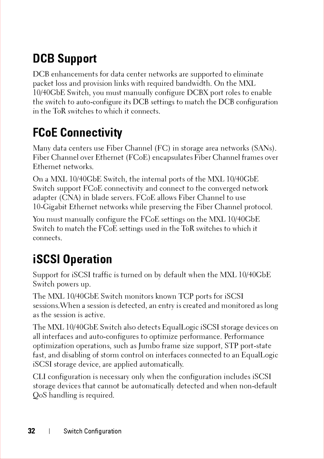 Force10 Networks CC-C-BLNK-LC manual DCB Support, FCoE Connectivity, iSCSI Operation 