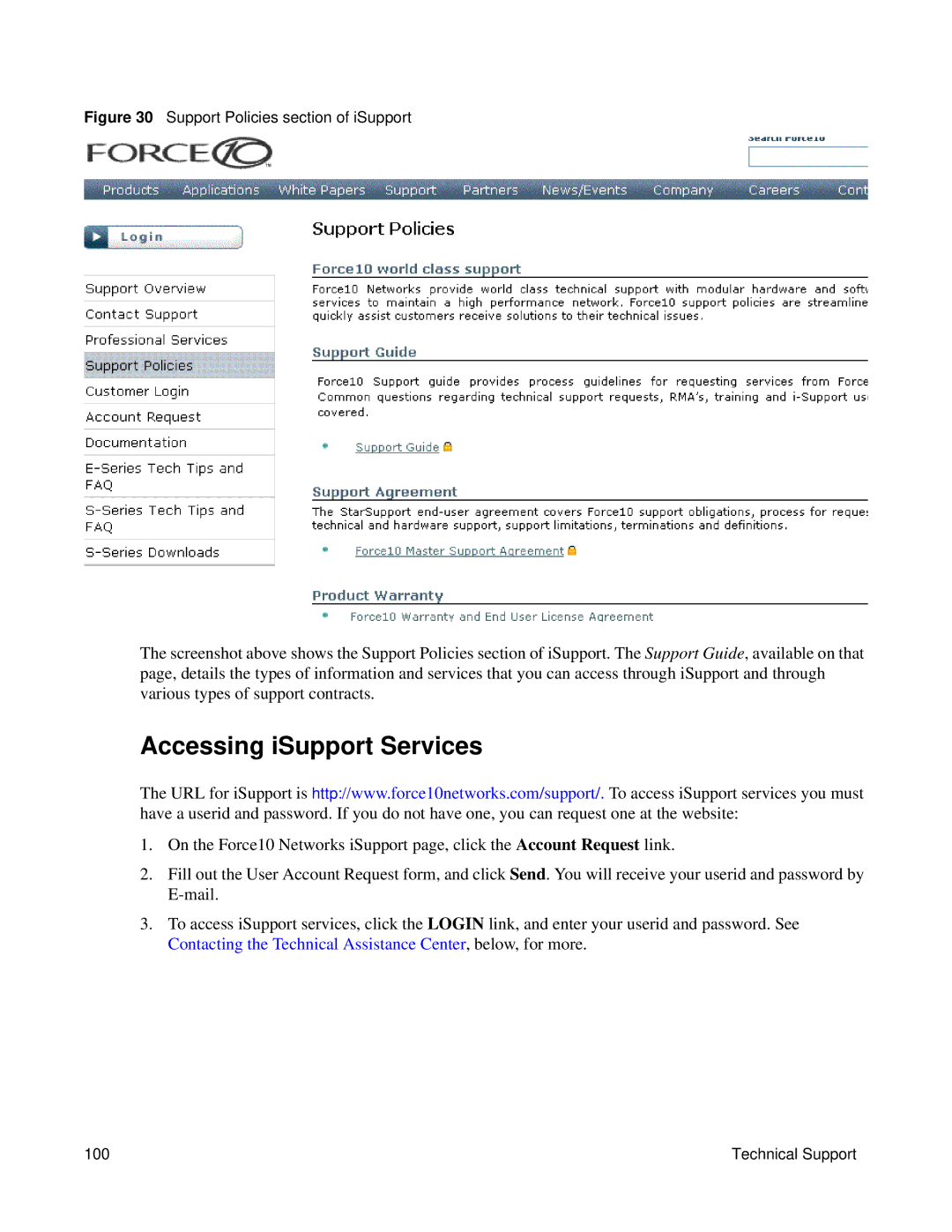 Force10 Networks E1200i manual Accessing iSupport Services, Support Policies section of iSupport 