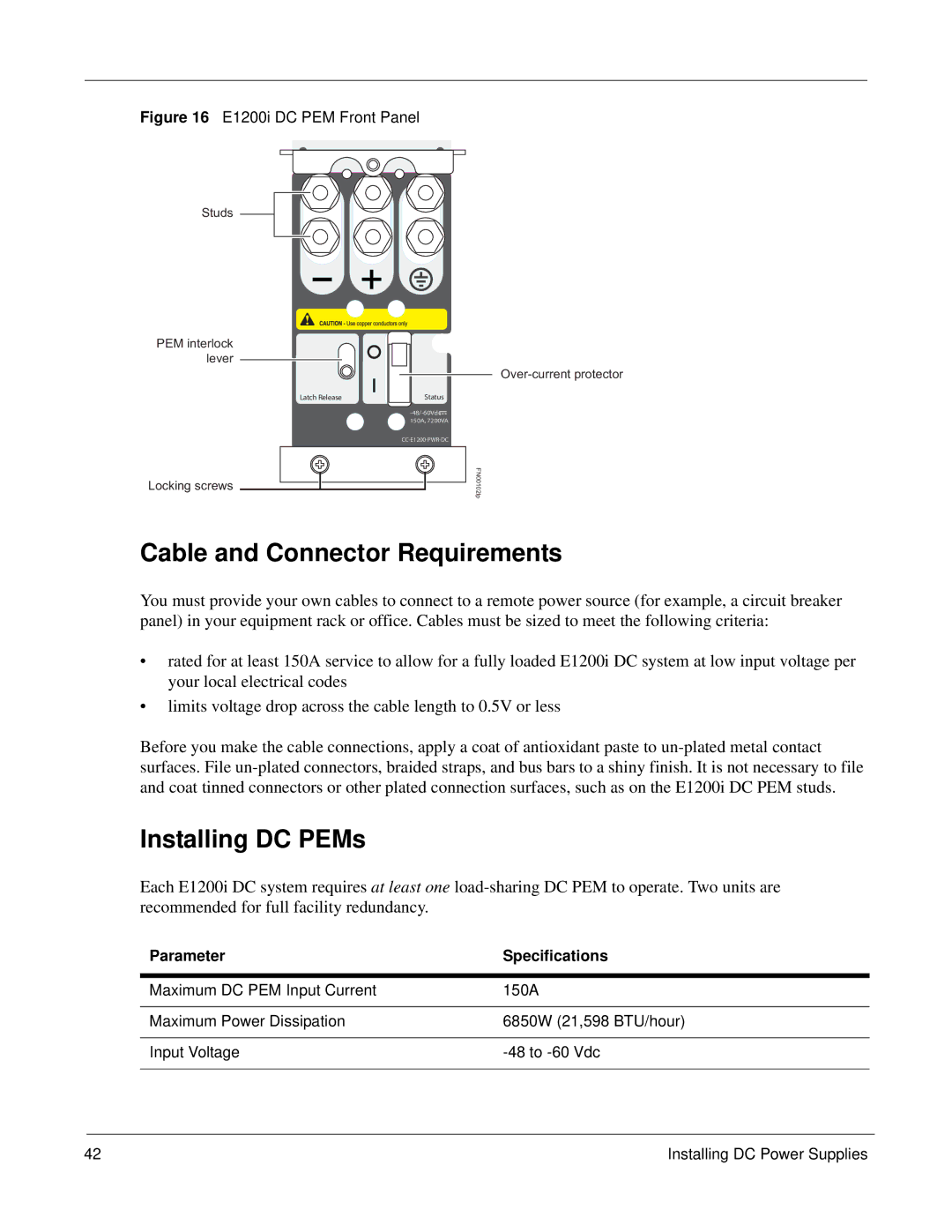 Force10 Networks E1200i manual Cable and Connector Requirements, Installing DC PEMs 