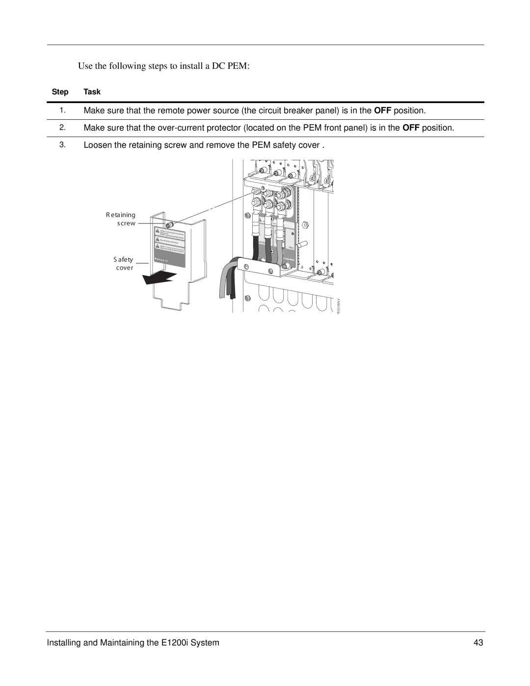 Force10 Networks E1200i manual Use the following steps to install a DC PEM, Step Task 