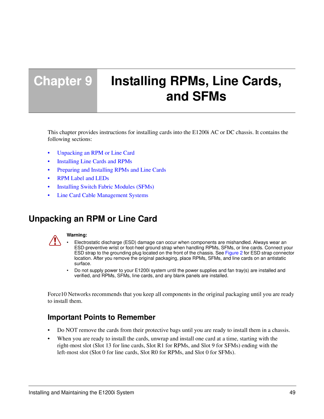 Force10 Networks E1200i Installing RPMs, Line Cards SFMs, Unpacking an RPM or Line Card, Important Points to Remember 