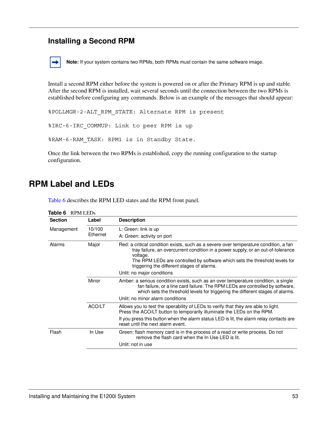 Force10 Networks E1200i RPM Label and LEDs, Installing a Second RPM, Describes the RPM LED states and the RPM front panel 