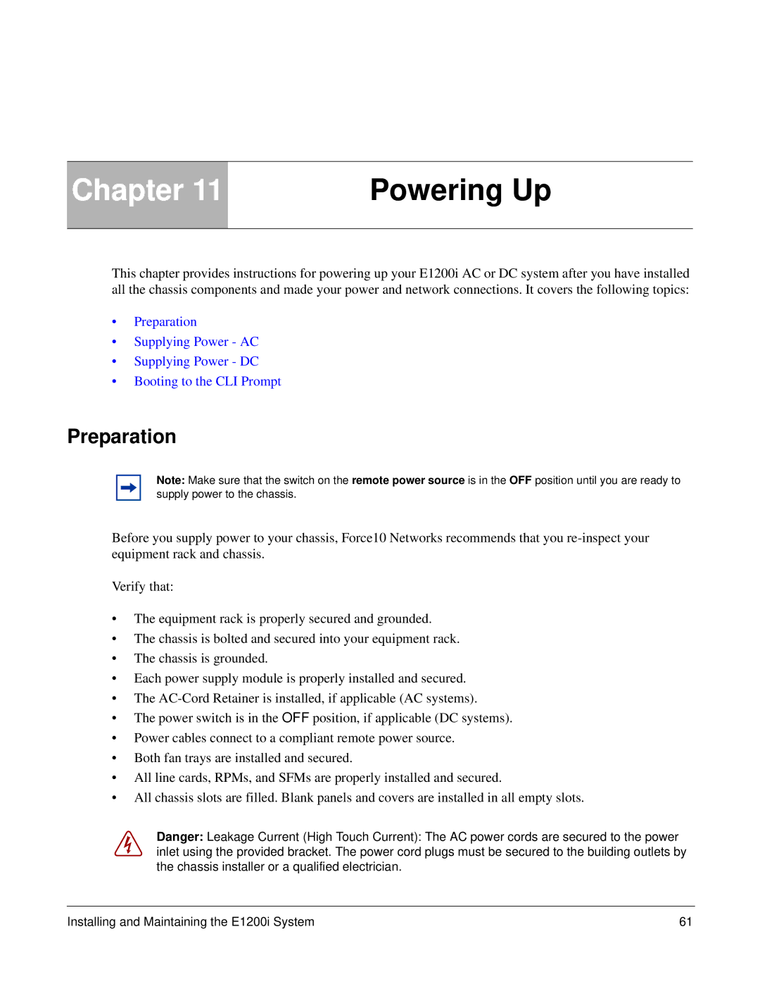 Force10 Networks E1200i manual Chapter Powering Up, Preparation 