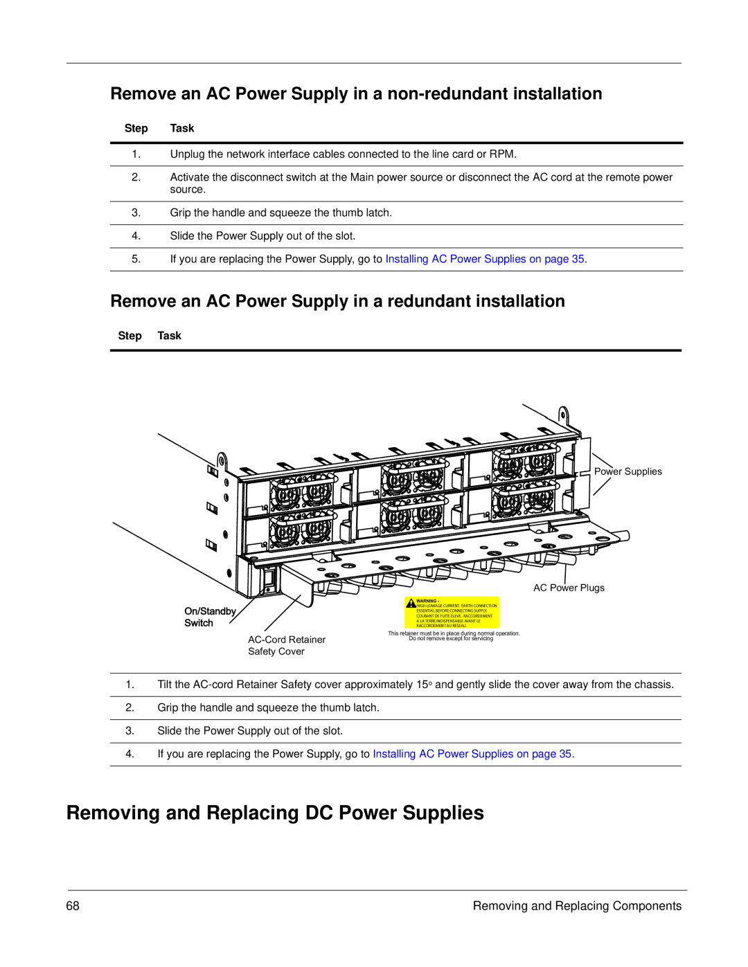 Force10 Networks E1200i Removing and Replacing DC Power Supplies, Remove an AC Power Supply in a redundant installation 