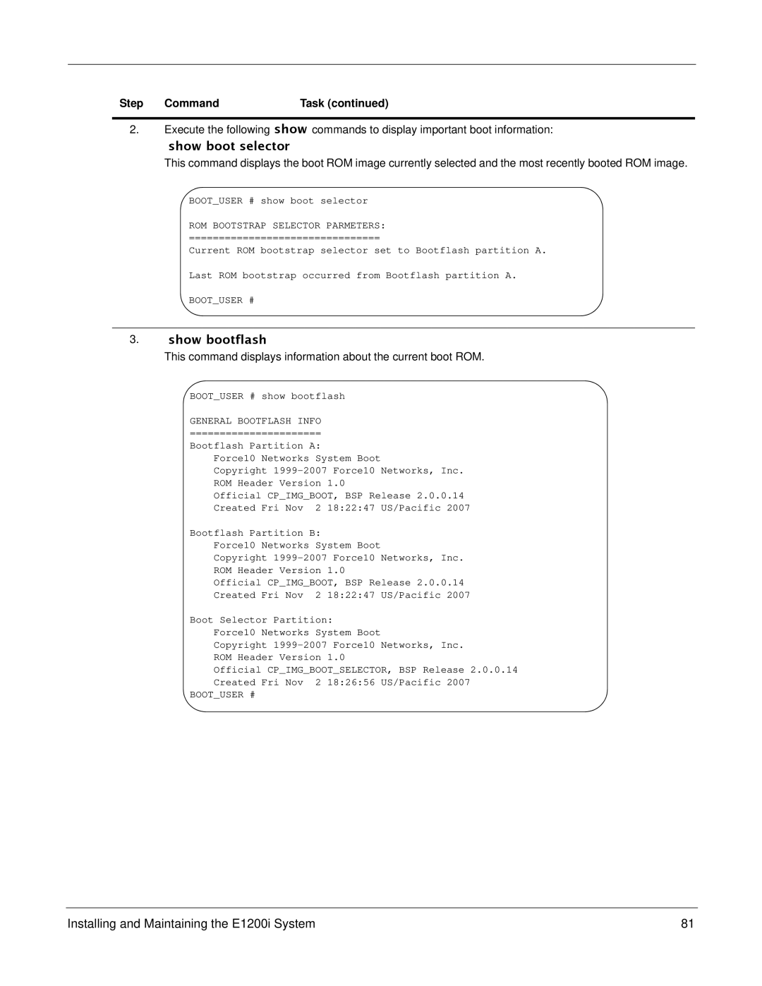 Force10 Networks E1200i manual Show boot selector, Step Command Task 