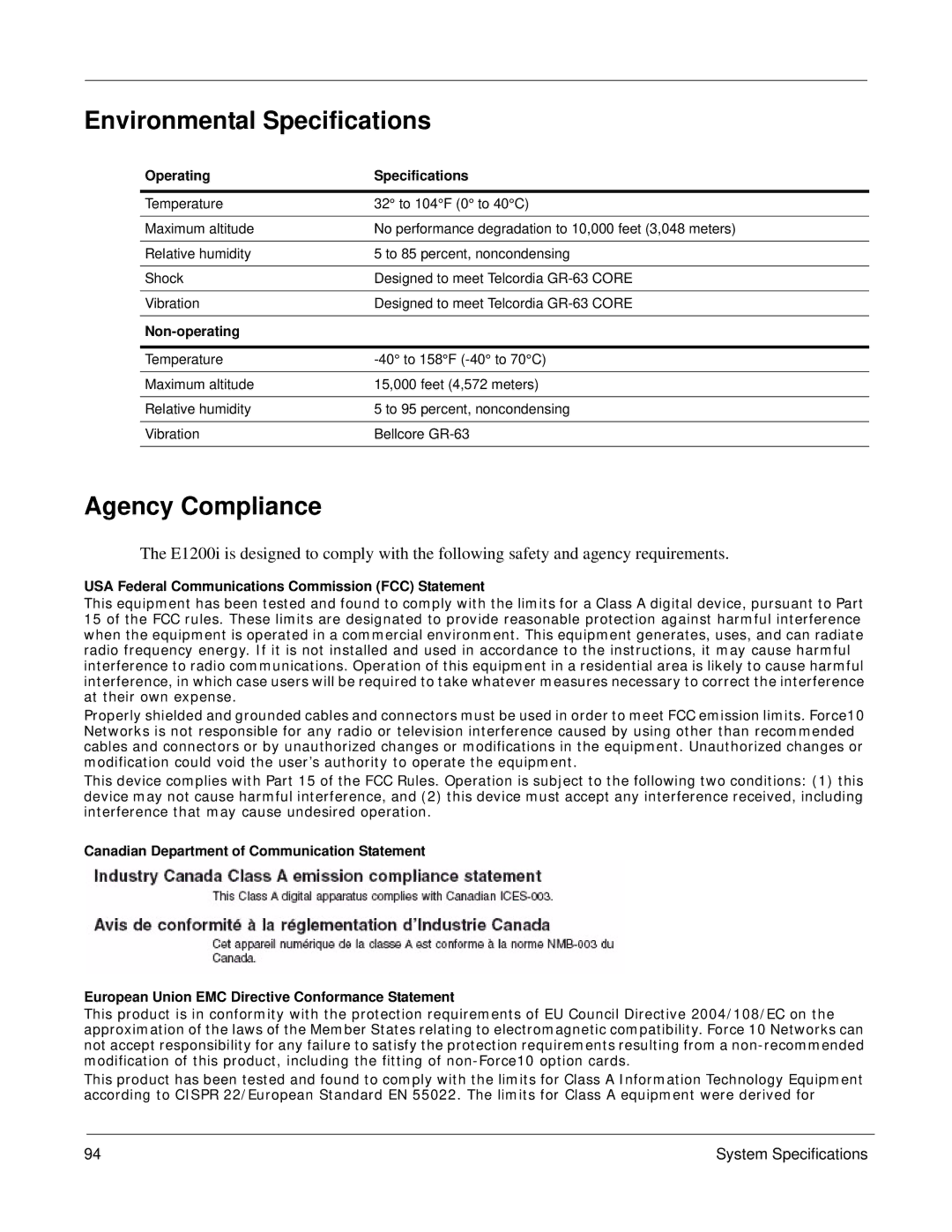 Force10 Networks E1200i manual Environmental Specifications, Agency Compliance, Operating Specifications, Non-operating 