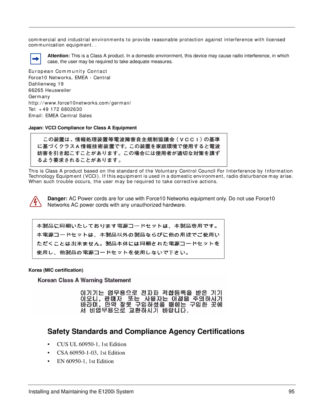 Force10 Networks E1200i Safety Standards and Compliance Agency Certifications, Japan Vcci Compliance for Class a Equipment 