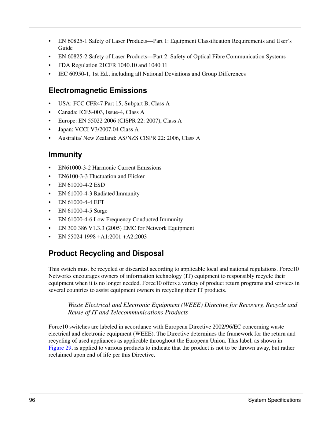 Force10 Networks E1200i manual Electromagnetic Emissions, Immunity, Product Recycling and Disposal 