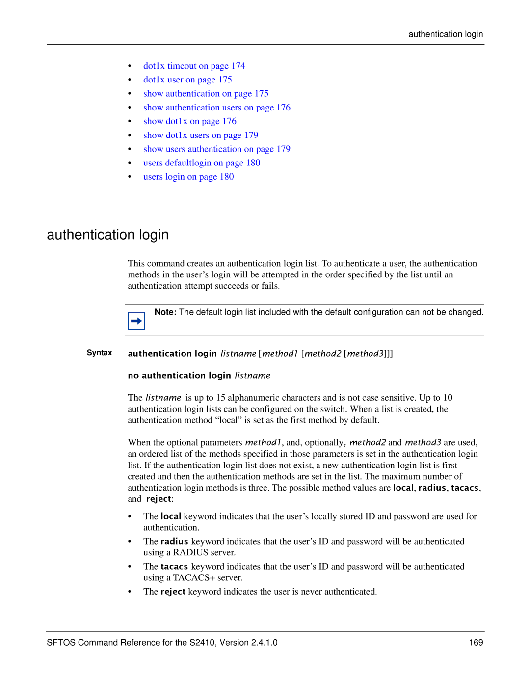 Force10 Networks S2410s manual Authentication login, No authentication login listname 