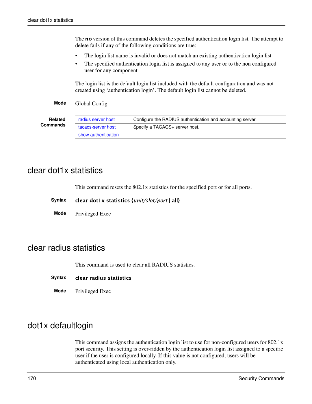 Force10 Networks S2410s manual Clear dot1x statistics, Clear radius statistics, Dot1x defaultlogin 