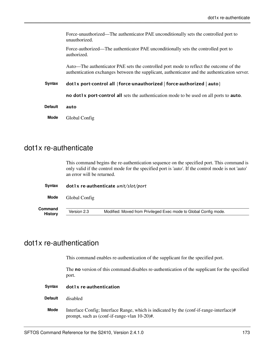 Force10 Networks S2410s manual Dot1x re-authenticate, Dot1x re-authentication, Unauthorized, Authorized, Port 