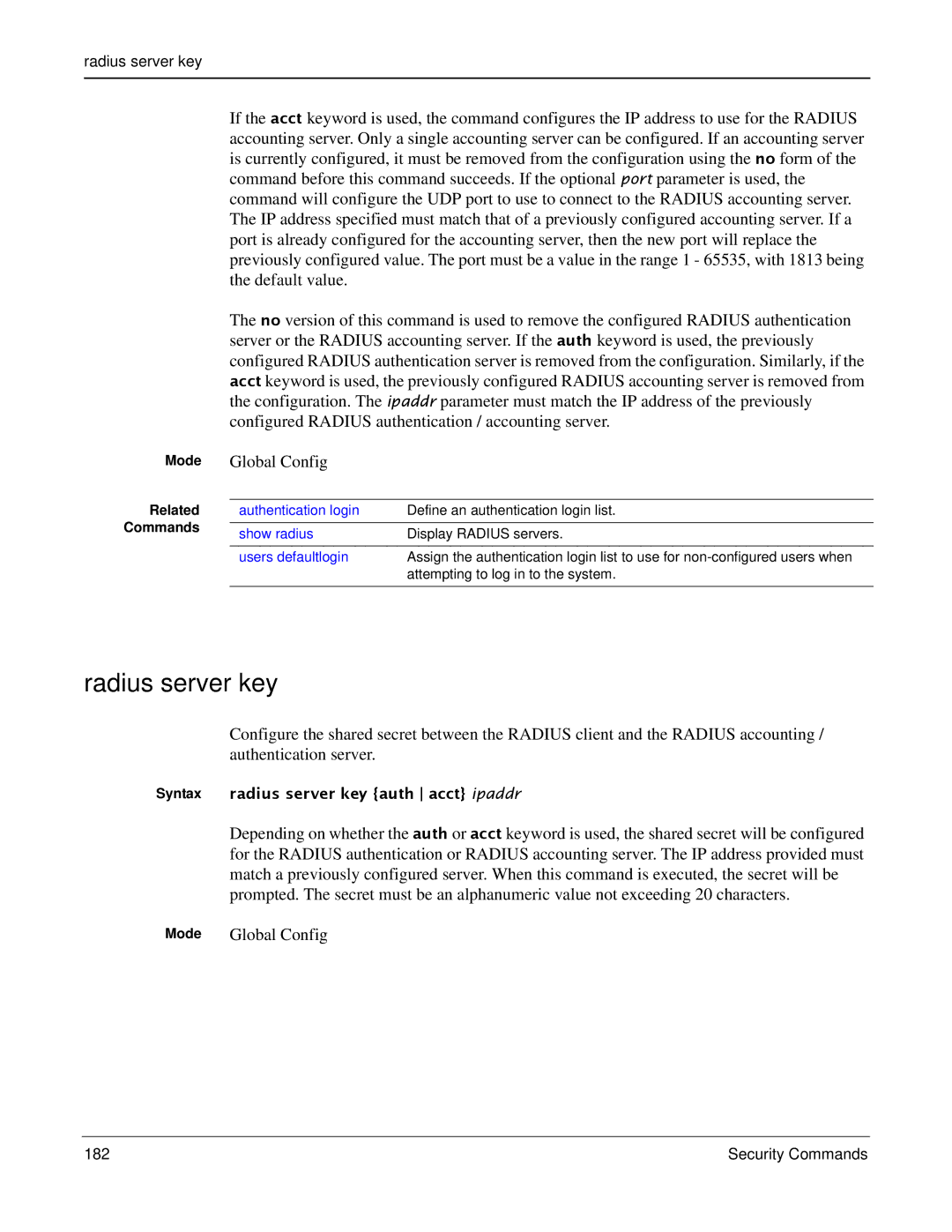 Force10 Networks S2410s manual Authentication server, Radius server key auth acct ipaddr, Security Commands 