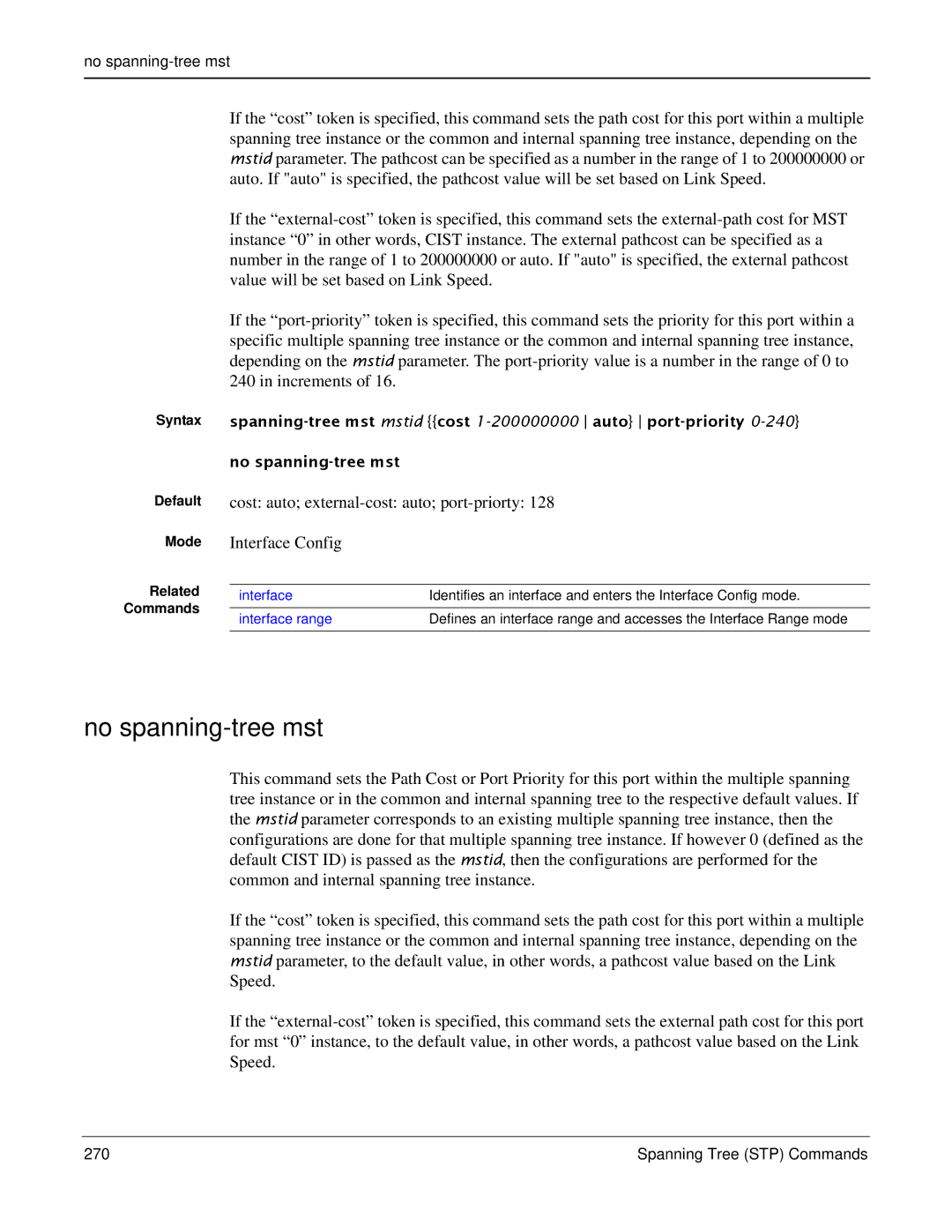 Force10 Networks S2410s manual No spanning-tree mst, Cost auto external-cost auto port-priorty Interface Config 