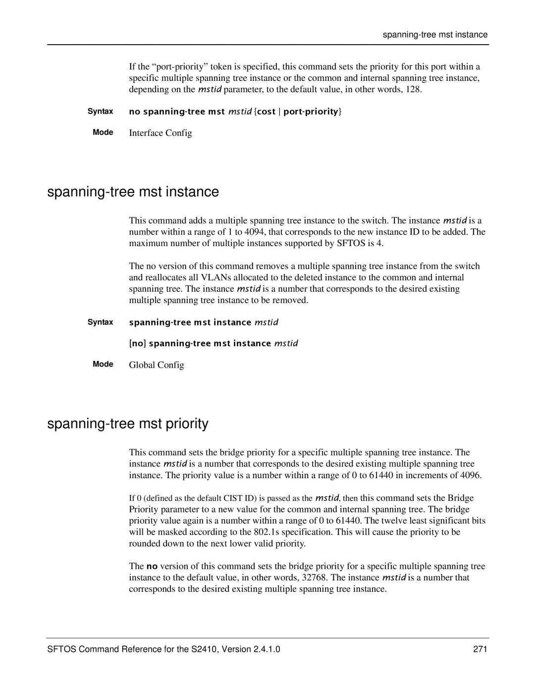 Force10 Networks S2410s manual Spanning-tree mst instance, Spanning-tree mst priority 