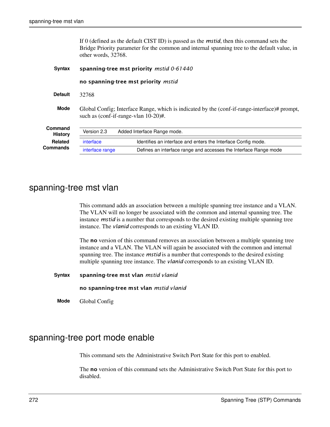 Force10 Networks S2410s manual Spanning-tree port mode enable, Spanning-tree mst vlan mstid vlanid 