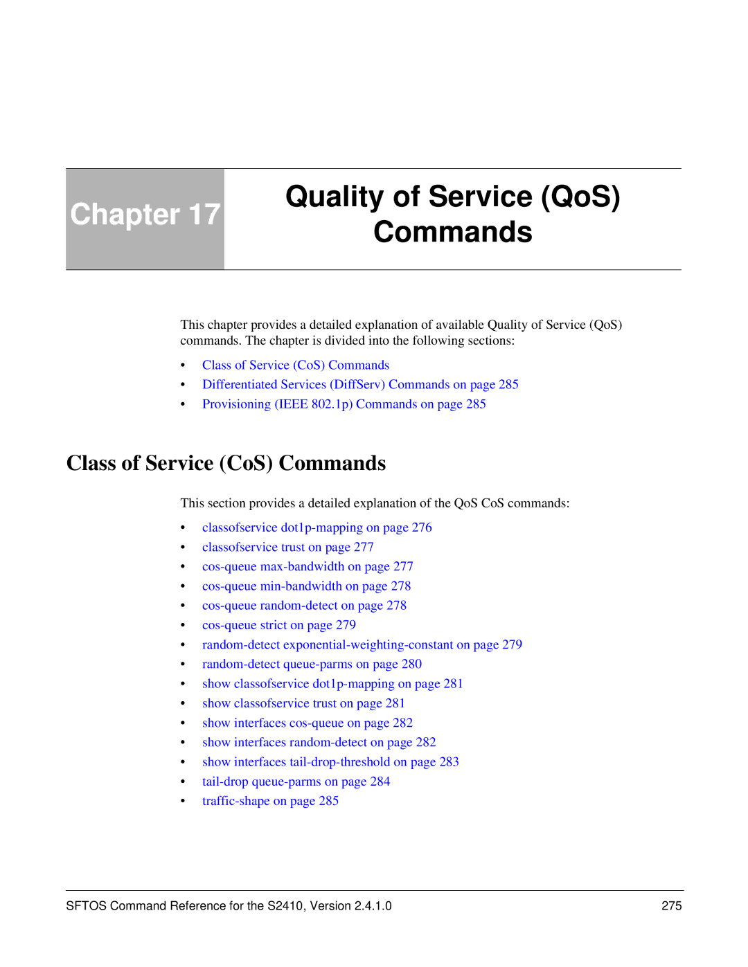 Force10 Networks S2410s manual Class of Service CoS Commands, Sftos Command Reference for the S2410, Version 275 