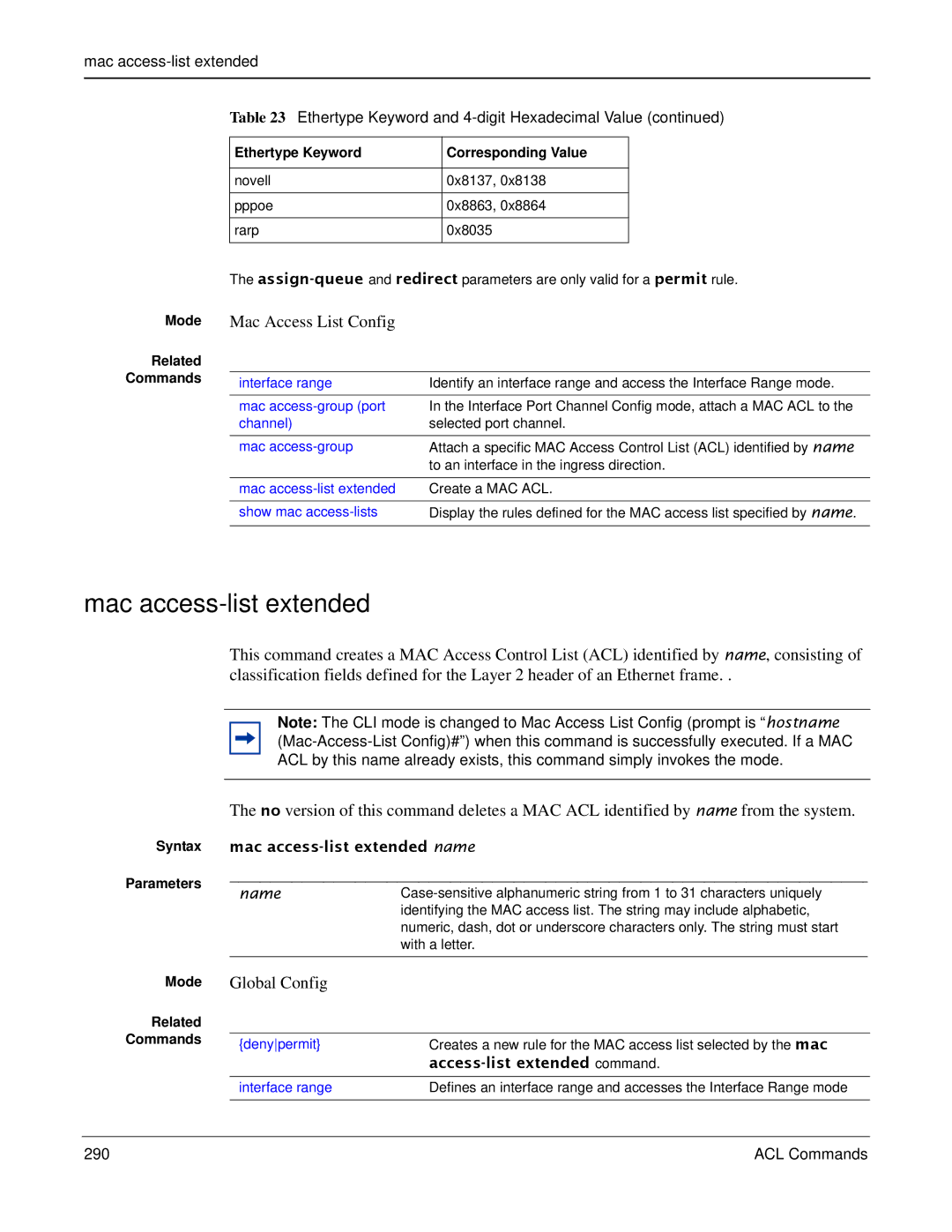 Force10 Networks S2410s manual Mac Access List Config, Mac access-list extended name, Access-list extended command 