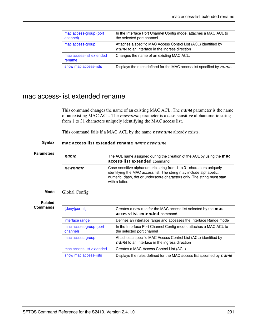 Force10 Networks S2410s manual Mac access-list extended rename name newname, Newname 